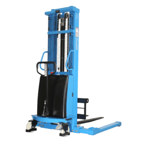 The MH-USA Semi-Electric Stacker - Model S15J is a blue manual pallet stacker with a vertical handle and lifting platform, featuring a hydraulic lift mechanism, exposed gears, and chains for enhanced mobility on four wheels.