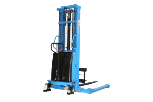 The MH-USA Semi-Electric Stacker - Model S15J is a blue manual pallet stacker with a vertical handle and lifting platform, featuring a hydraulic lift mechanism, exposed gears, and chains for enhanced mobility on four wheels.