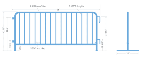 Blueprint of the Visiontron Interlocking Metal Bike Rack Steel Barricade, a 96W x 42.5H rectangular barrier with rounded top corners and vertical uprights with a 5.036 gap, featuring a frame tube diameter of 1.5 and side legs that are 24 wide.