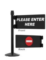 The black Barricade Security Swing Barrier Gate, featuring a rotating design with two panels, displays PLEASE ENTER HERE in white on the front and a red circle with a white horizontal line for no entry on the back to enhance security.