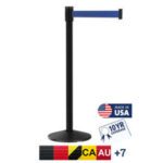 The Visiontron Slim Post Retractable Belt Black Barrier features a sleek black stanchion with a blue 10 belt. Made in the USA, it includes a 10-year warranty. Labels show vibrant color options, indicated by flags from Germany, Canada, Australia, and more.