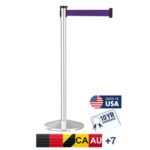 The Visiontron Slim Post Retractable Belt in Polished Chrome with a 10 purple belt is showcased. Nearby icons highlight Made in USA and 10 Yr Coverage, along with flags from Belgium, Canada, Australia, and seven additional countries.