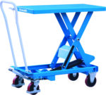 The MH-USA Scissor Lift Table - Model TA15, featuring a striking blue design with flat top and sturdy handle, includes a scissor lift mechanism and red wheels for seamless mobility, elegantly shown from a side angle.