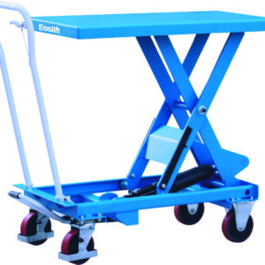 The MH-USA Scissor Lift Table - Model TA15, featuring a striking blue design with flat top and sturdy handle, includes a scissor lift mechanism and red wheels for seamless mobility, elegantly shown from a side angle.