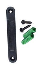 The Visiontron Receiving End for Retractable Belts is a black metal bracket with two holes, including two black screws and green plastic wall anchors, all on a white background.