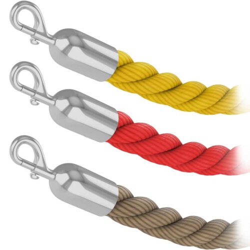 braided-rope-polished-chrome-snap-end-for-stanchion-posts-GROUP.jpg Displayed are three Visiontron Braided Poly Rope for Stanchion Posts, each with shiny metal hooks at both ends. Elegantly twisted, the ropes are arranged from top to bottom in yellow, red, and brown colors.