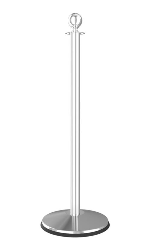 The Visiontron Prime Ball Top Rope Stanchion, with its shiny silver pole, spherical top, and round base, is ideal for supporting ropes in crowd control or queue management settings.