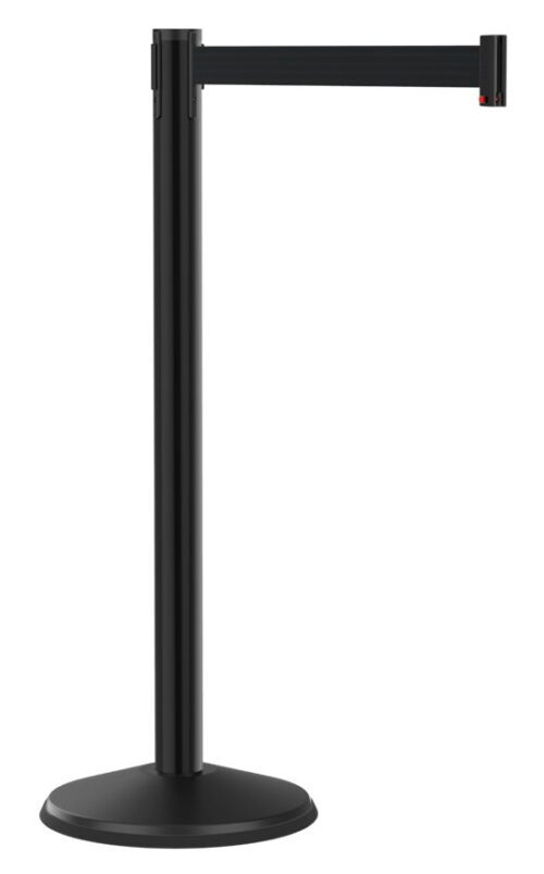 A black retractable stanchion with an extended horizontal belt is displayed against a white background. It features a round base and a long vertical post supporting the belt used for crowd control or line formation.