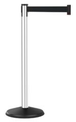 A black and silver retractable stanchion with a sturdy round base. It features an extendable black belt attached at the top, designed to guide or control foot traffic in public spaces.
