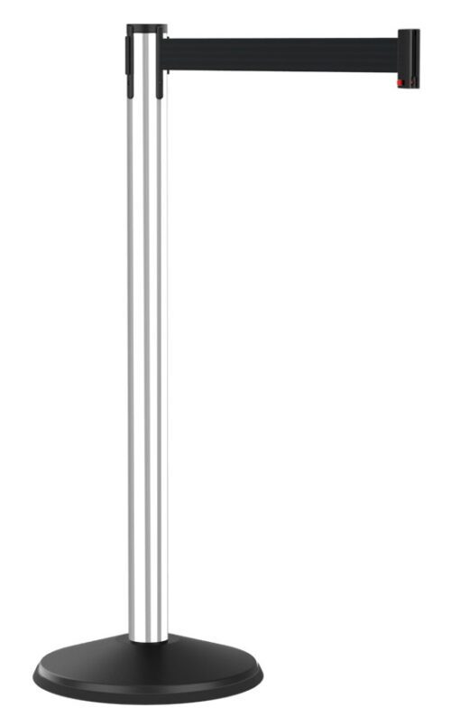 economy-outdoor-retractable-belt-post-polished-aluminum-black-1.jpg A black and silver retractable stanchion with a sturdy round base. It features an extendable black belt attached at the top, designed to guide or control foot traffic in public spaces.