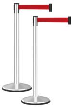 The Visiontron Prime Polished Stainless Steel Crowd Control Barrier Post Set of 2, with a 10′ red belt and black end caps, stands side by side for perfect crowd control.