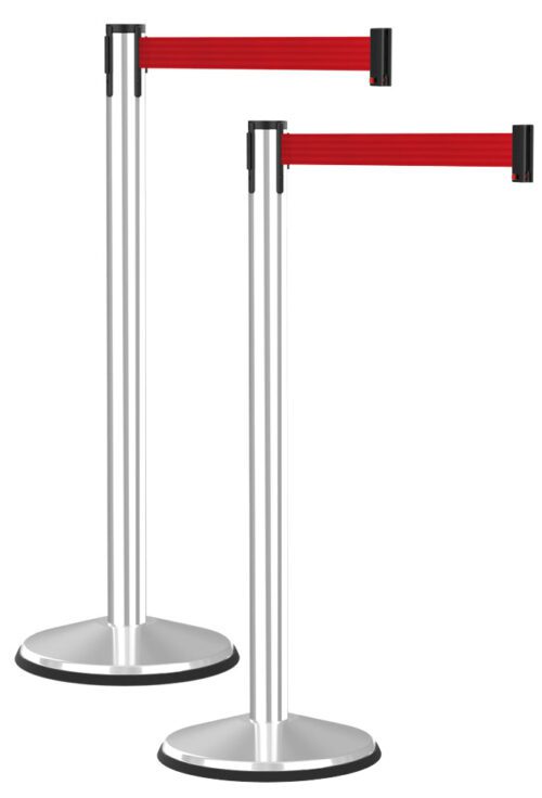 economy-polished-stainless-steel-post-retractable-red-belt_2pk.jpg The Visiontron Prime Polished Stainless Steel Crowd Control Barrier Post Set of 2, with a 10′ red belt and black end caps, stands side by side for perfect crowd control.