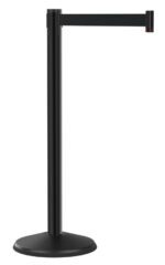A black stanchion with a retractable belt, commonly used for crowd control. The belt extends from a slot at the top, capable of connecting to other stanchions. The base is wide and circular for stability.