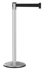 A silver stanchion post with a black retractable belt extending from the top, commonly used for crowd control or creating queue lines. The base is circular and sturdy.