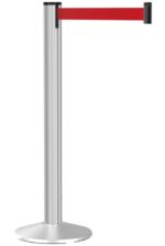 The Visiontron Grooved Matte Aluminum Post Retractable Belt Stanchion features a red 9 belt extending to the right, with a silver finish and round base for stability, combining functionality with style.