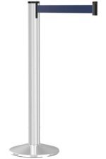 The Visiontron Grooved Polished Aluminum Post Retractable Belt Stanchion features a 9 blue belt extending horizontally, perfect for crowd control with its stable circular base and sleek design.