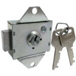 A silver metal cabinet lock with two triangular mounting plates is shown next to two keys. The keys are attached to a small metal keyring.