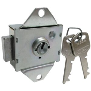 A silver metal cabinet lock with two triangular mounting plates is shown next to two keys. The keys are attached to a small metal keyring.