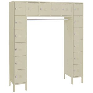 A beige metal locker unit with 18 small lockers arranged in a U-shape. Each locker has a vent and a lock. The central area features a horizontal bar for hanging items. The lockers have a simple, industrial design.