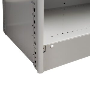 Close-up of the corner of an empty gray metal shelving unit, showing its smooth surface, perforated sides, and adjustable base shelf. The shelf is well-lit, highlighting its clean and simple design.