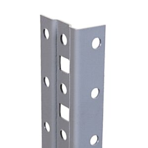 A metal corner bracket with evenly spaced circular holes and square cutouts. The bracket is silver in color, designed for structural support or shelving purposes.