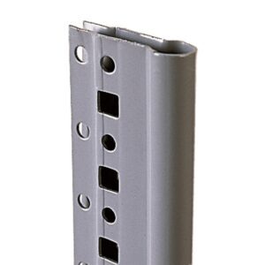 Close-up of a gray metal post with a hollow, square cross-section, ideal for enhancing workplace safety. It features evenly spaced round and square holes along its length, commonly used for mounting signs or supports.