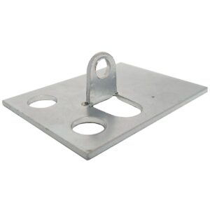 A metal bracket with a flat rectangular base featuring three round holes and an attached raised loop in the center for mounting or connecting purposes.