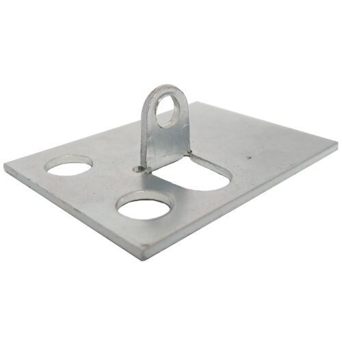 A metal bracket with a flat rectangular base featuring three round holes and an attached raised loop in the center for mounting or connecting purposes.