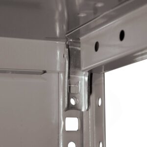 Close-up of a metallic shelving unit corner, showing the joint and bracket structure with several holes on angled metal bars, used for assembly and support. The surface has a shiny gray finish.