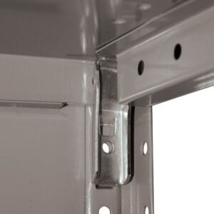 Close-up of a metal shelving bracket with multiple holes for adjustable shelving. The bracket is attached to a grey metal frame, showing its sturdy construction and design for support and flexibility in positioning.