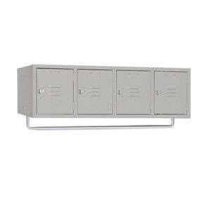 A gray metal locker unit with four compartment doors, each featuring a lock and ventilation slits. The unit is wall-mounted and includes a horizontal metal rail underneath, likely for hanging items.