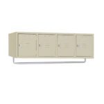 Beige, four-door wall-mounted metal locker with vented panels, silver handles, and a silver hanging rod below, designed for secure storage.