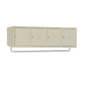 Beige, four-door wall-mounted metal locker with vented panels, silver handles, and a silver hanging rod below, designed for secure storage.