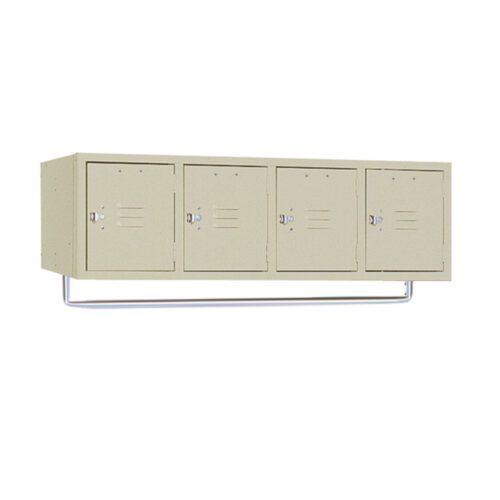 Beige, four-door wall-mounted metal locker with vented panels, silver handles, and a silver hanging rod below, designed for secure storage.
