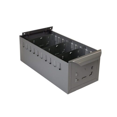 lyon-8000-series-accessories-steel-shelf-boxes-12-inch-deep-dd8116.jpg Gray metal cable management duct with multiple slots on the sides and a removable cover. The interior is divided into sections by partition tabs. Its designed for organizing and protecting cables in electrical or data installations.