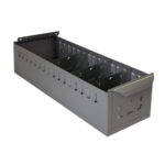 Gray metal cable management tray with open top, side slots, and multiple internal dividers for organizing cables. It has a flange for mounting and is designed for use in network or server environments.