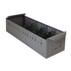 Gray metal cable management tray with open top, side slots, and multiple internal dividers for organizing cables. It has a flange for mounting and is designed for use in network or server environments.