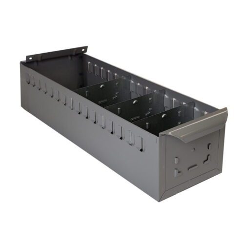 Gray metal cable management tray with open top, side slots, and multiple internal dividers for organizing cables. It has a flange for mounting and is designed for use in network or server environments.