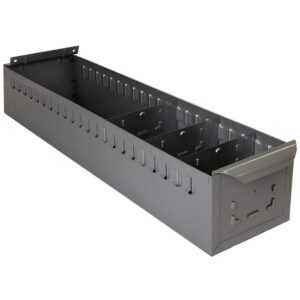 Gray metal cable management tray with slotted sides and mounting brackets, designed for organizing and securing cables. It has a rectangular shape with a removable cover and multiple dividers inside.