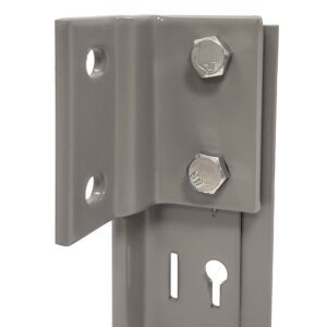 Close-up of a gray metal bracket with two hexagonal bolts securing one piece to another. The bracket has two circular holes on the side and an elongated slot on the vertical section, allowing for adjustable positioning.