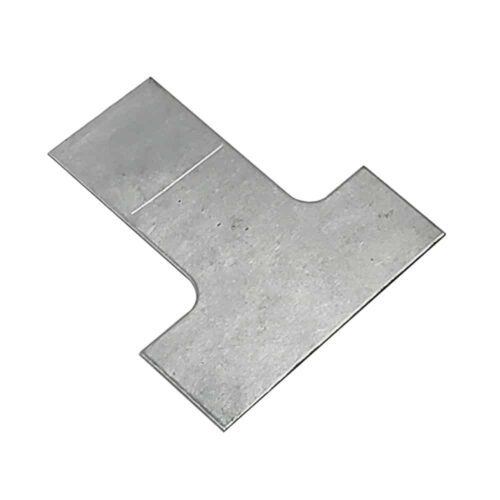 A flat, metallic connector shaped like a T, with a smooth, reflective surface and slightly rounded edges.