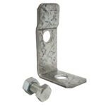 A galvanized steel L-bracket with two circular holes, accompanied by a hex bolt and nut. The bracket features a textured, metallic finish.