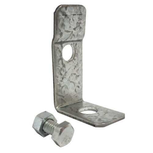 A galvanized steel L-bracket with two circular holes, accompanied by a hex bolt and nut. The bracket features a textured, metallic finish.