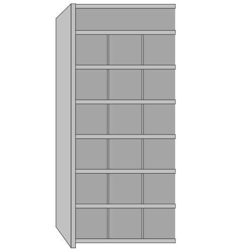 Illustration of a tall, rectangular shelving unit with five evenly spaced shelves. The shelves are viewed from an angle, showing the side and front. The unit is plain, with a minimalist design.