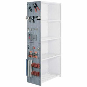 A storage shelf unit with four white wire shelves. The left side features a perforated panel holding neatly arranged tools, including wrenches, pliers, and screwdrivers, secured with hooks and holders. The shelving unit is freestanding.