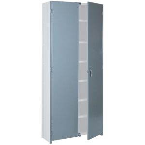 A tall, metal storage cabinet with two doors, one partially open, revealing several shelves inside. The cabinet is gray and white, with a simple handle on the right door.