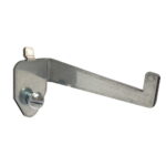 A metal fitting with an L-shaped bracket and a threaded bolt for mounting. The design features a right angle with a hook at the end, suitable for supporting or hanging items. The surface is metallic and slightly reflective.
