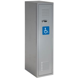 A tall, gray metal locker with a single door featuring ventilation slits and a handle. The door has a blue sign with a white wheelchair symbol indicating accessibility.