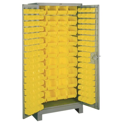 Metal storage cabinet with open doors, revealing numerous small yellow bins attached to the inner walls and doors. The bins are organized in rows, providing ample storage space for small items.