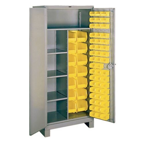 A gray metal storage cabinet with one door open, revealing multiple rows of yellow bins on the door. Inside, there are shelves on the left and additional rows of yellow bins on the right.